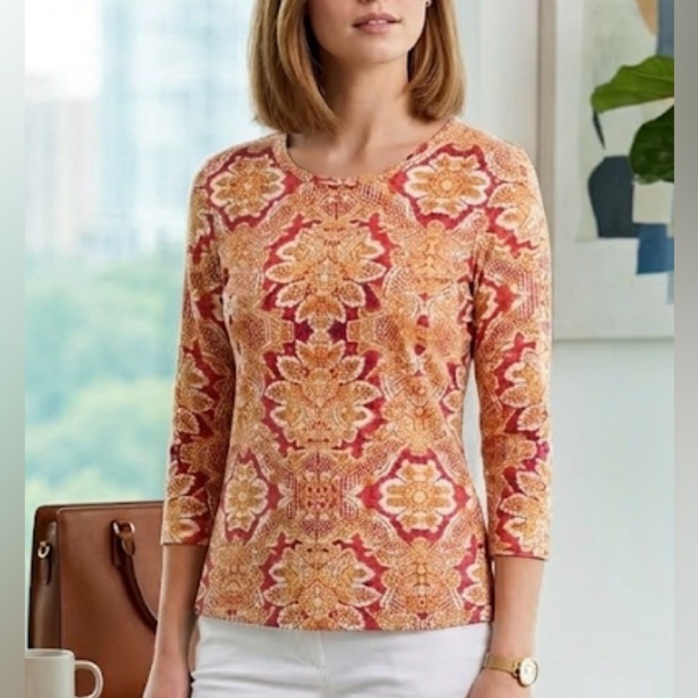 J.McLaughlin Catalina Cloth Mandala‎ Print 3/4 Sleeve Top Coastal Grandma Size M